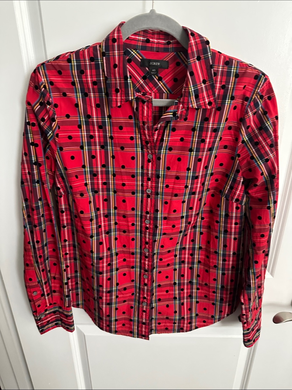 J. Crew Red Plaid Long-Sleeve Button-Up Shirt with Black Dot Accent